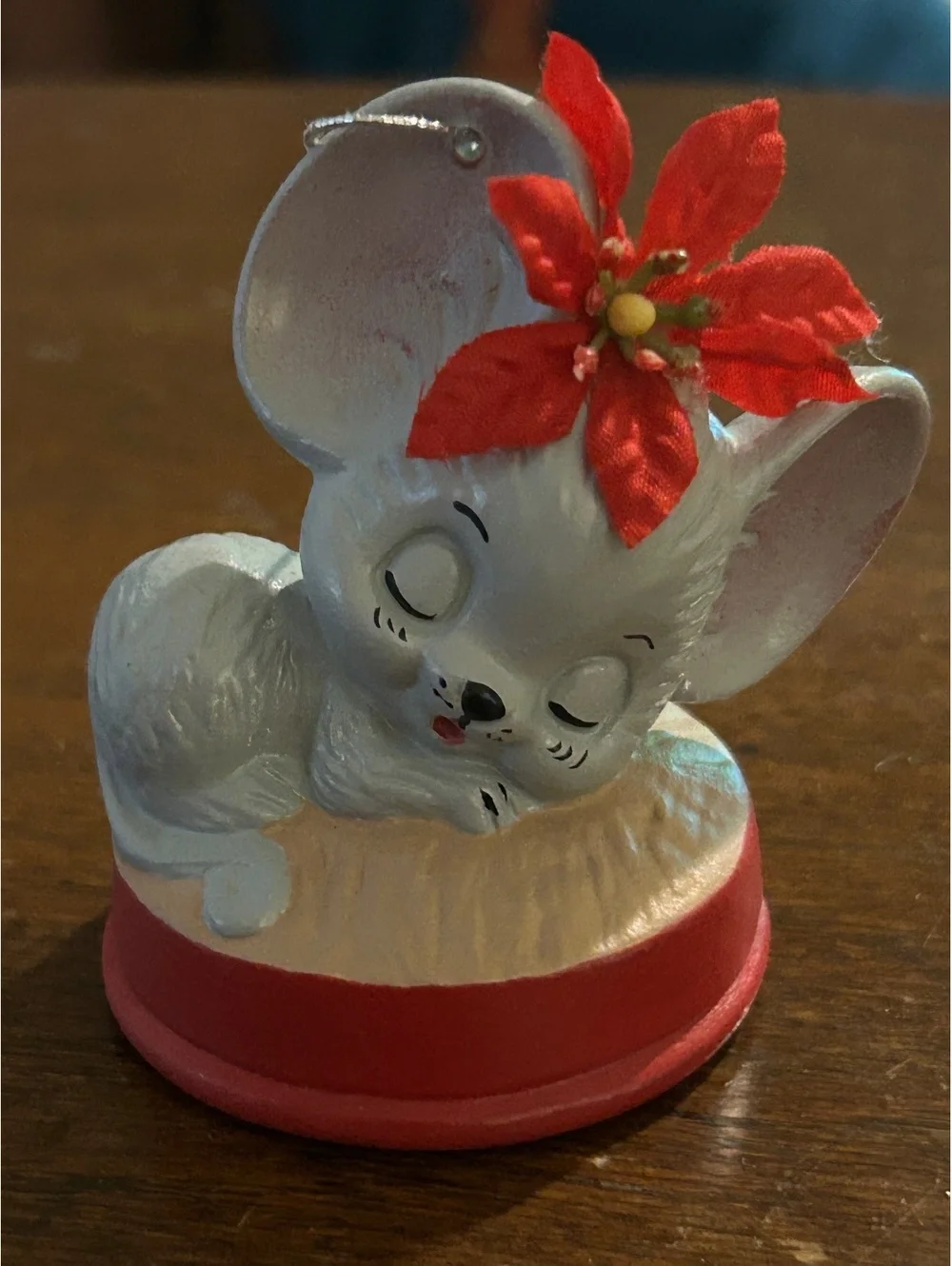 Vintage Mouse Christmas Ornament with Red Poinsettia Flower